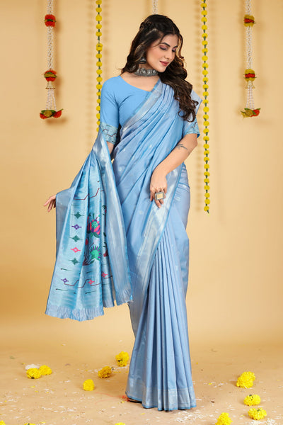 Indyancart GR Women's Mastani Sky Blue Zari Paithani Silk Saree