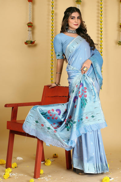 Indyancart GR Women's Mastani 2 Sky Blue Zari Paithani Silk Saree