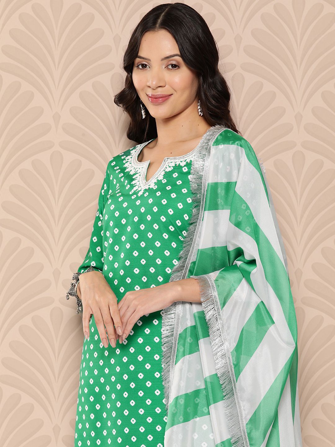 Dhiyona VA Women'sBandhani Printed Lace Detailed Straight Kurta with Trousers and Dupatta