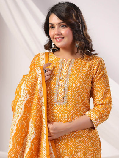 Indyancart IE Women Bandhani Printed Regular Mirror Work Kurta Trousers With Dupatta