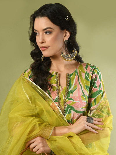 Indyancart SN Women's Floral Printed Cotton Straight Kurta With Trousers & Duppatta