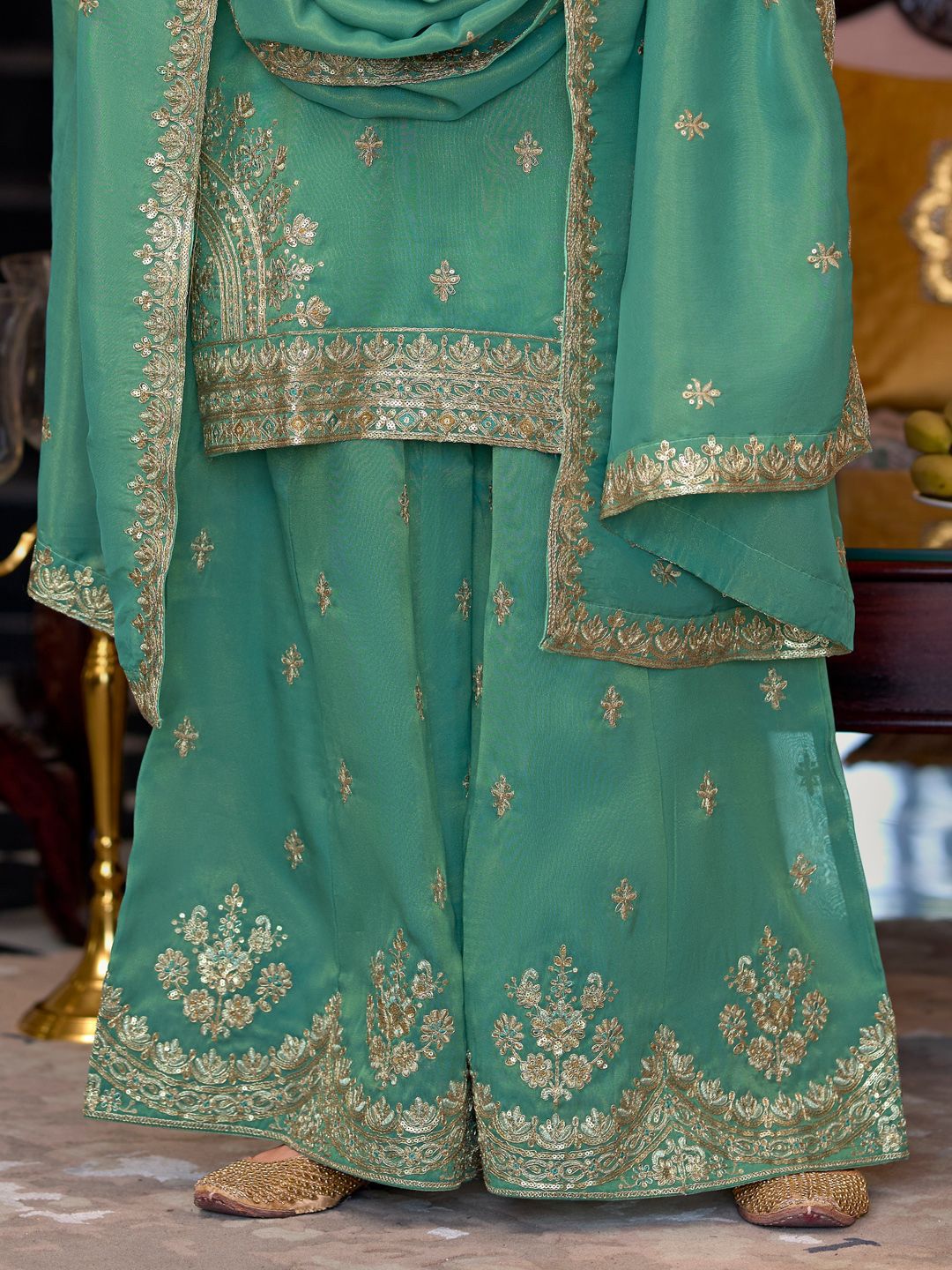 Indyancart IE Ethnic Motifs Embroidered Sequinned Straight Kurta Palazzos With Dupatta