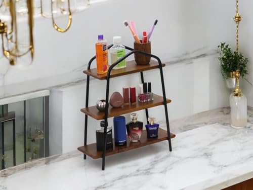 Vesta Homes 3-Tier Wooden Storage Rack for Kitchen, Bathroom | Countertop Organizer Shelf with Mango Wood & Iron Shelves | 51 x 18 x 44.5 cm