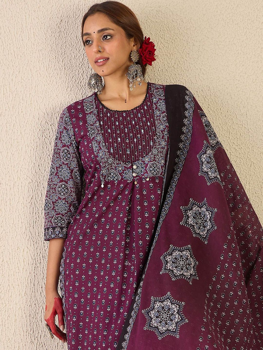 Women Ethnic Motifs Printed Pure Cotton Kurta with Trousers & Dupatta Kurta Sets