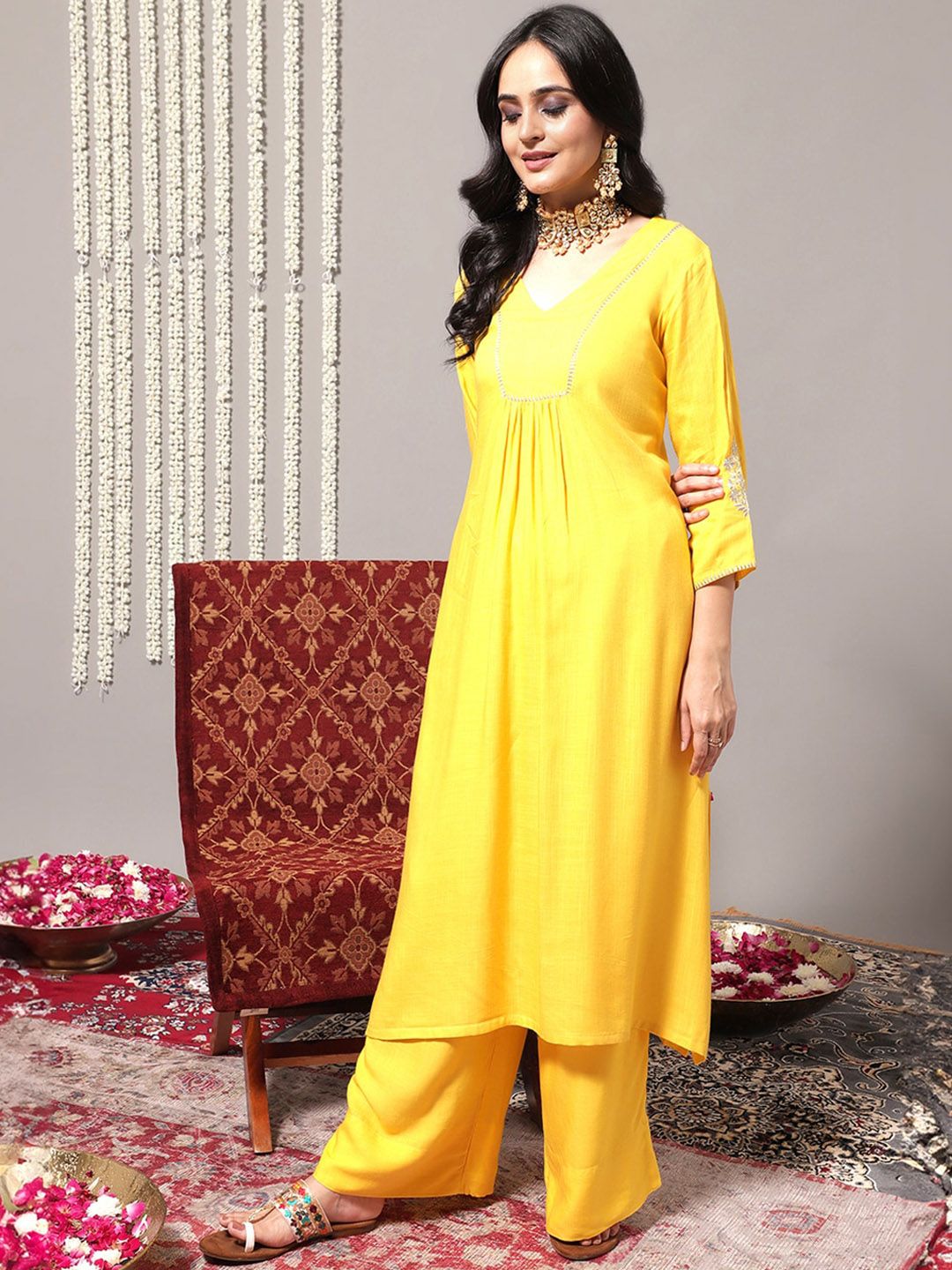 Indyancart VA Women'sV-Neck A-Line Pleated Kurta with Palazzos & With Dupatta
