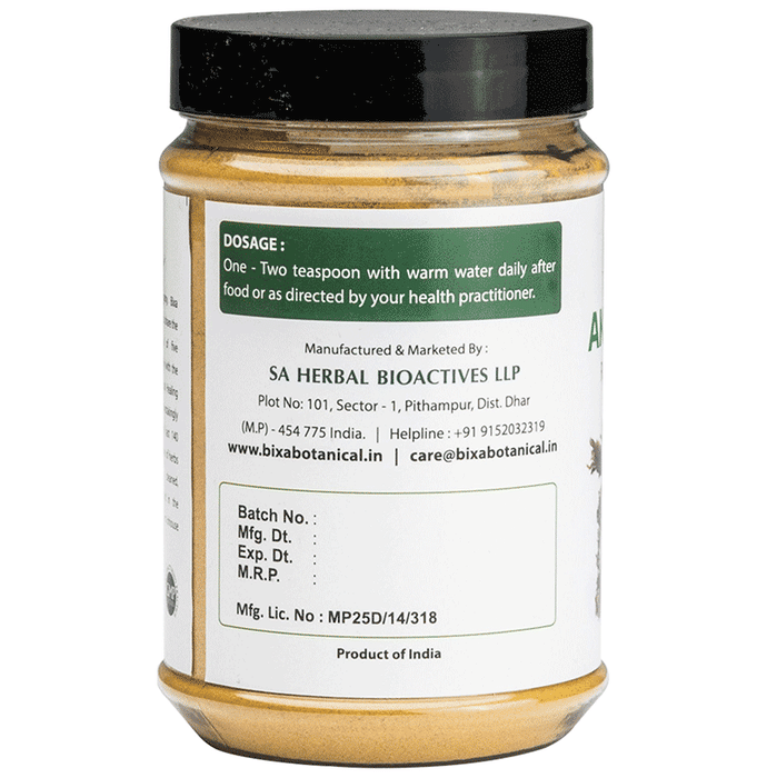 Bixa Botanical Akarkara powder in a clear glass jar, showcasing the fine, light brown Ayurvedic powder on a white background.