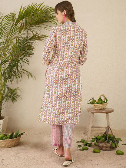 Indyancart IE Printed Pure Cotton Straight Tunic & Trousers Co-Ord Set