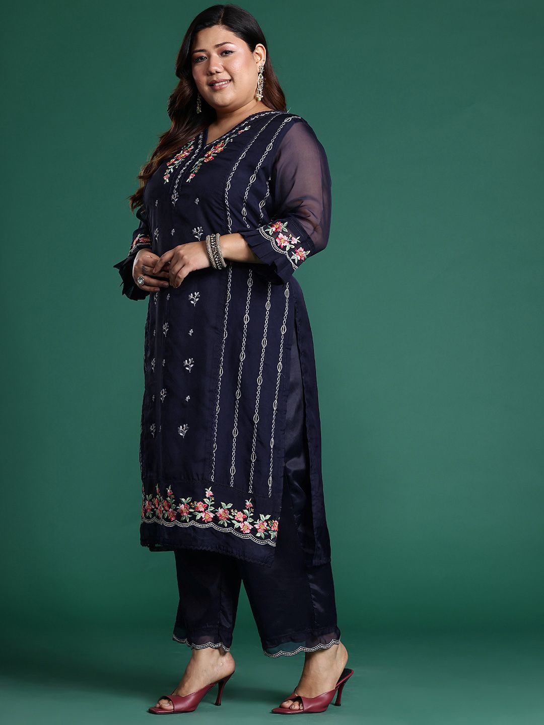 Indyancart Women's Plus Size Floral Embroidered Panelled Thread Work Kurta With Trousers & Dupatta