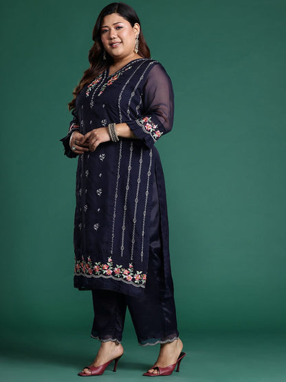 Indyancart Women's Plus Size Floral Embroidered Panelled Thread Work Kurta With Trousers & Dupatta