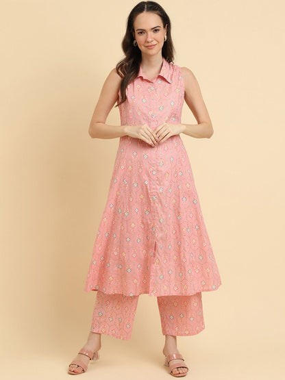 Indyancart VA Women'sPink Floral Printed Regular Kurta with Trousers