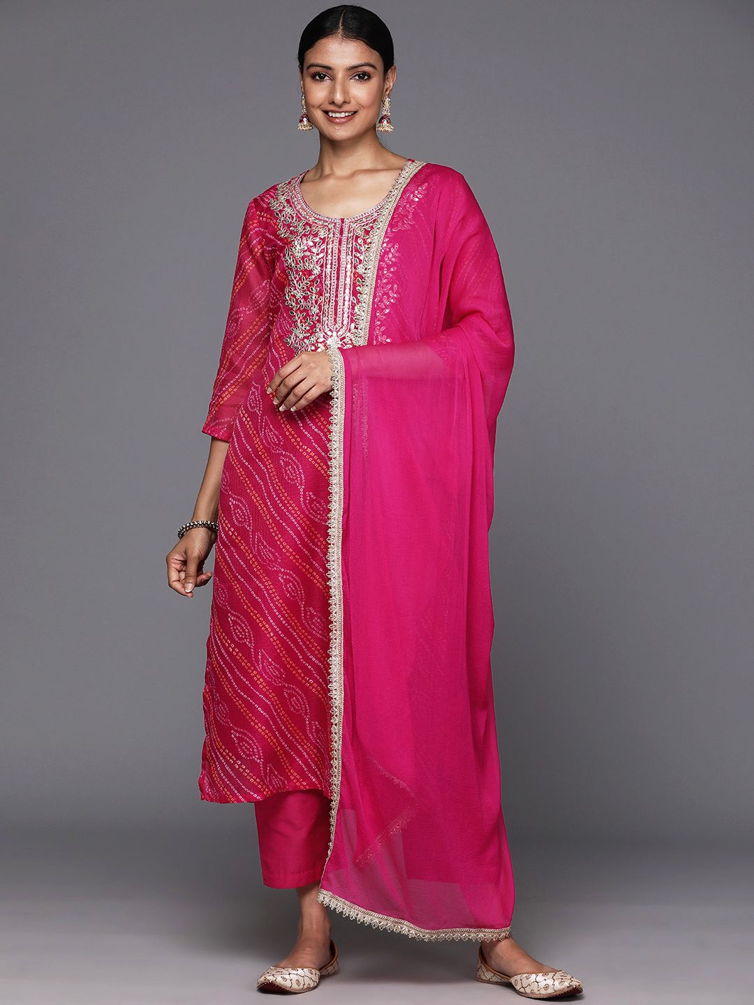 Indyancart VA Women's Fuchsia Bandhani Printed Regular Gotta Patti Kurta with Trousers & With Dupatta