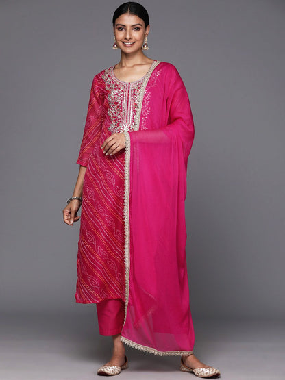 Indyancart VA Women's Fuchsia Bandhani Printed Regular Gotta Patti Kurta with Trousers & With Dupatta