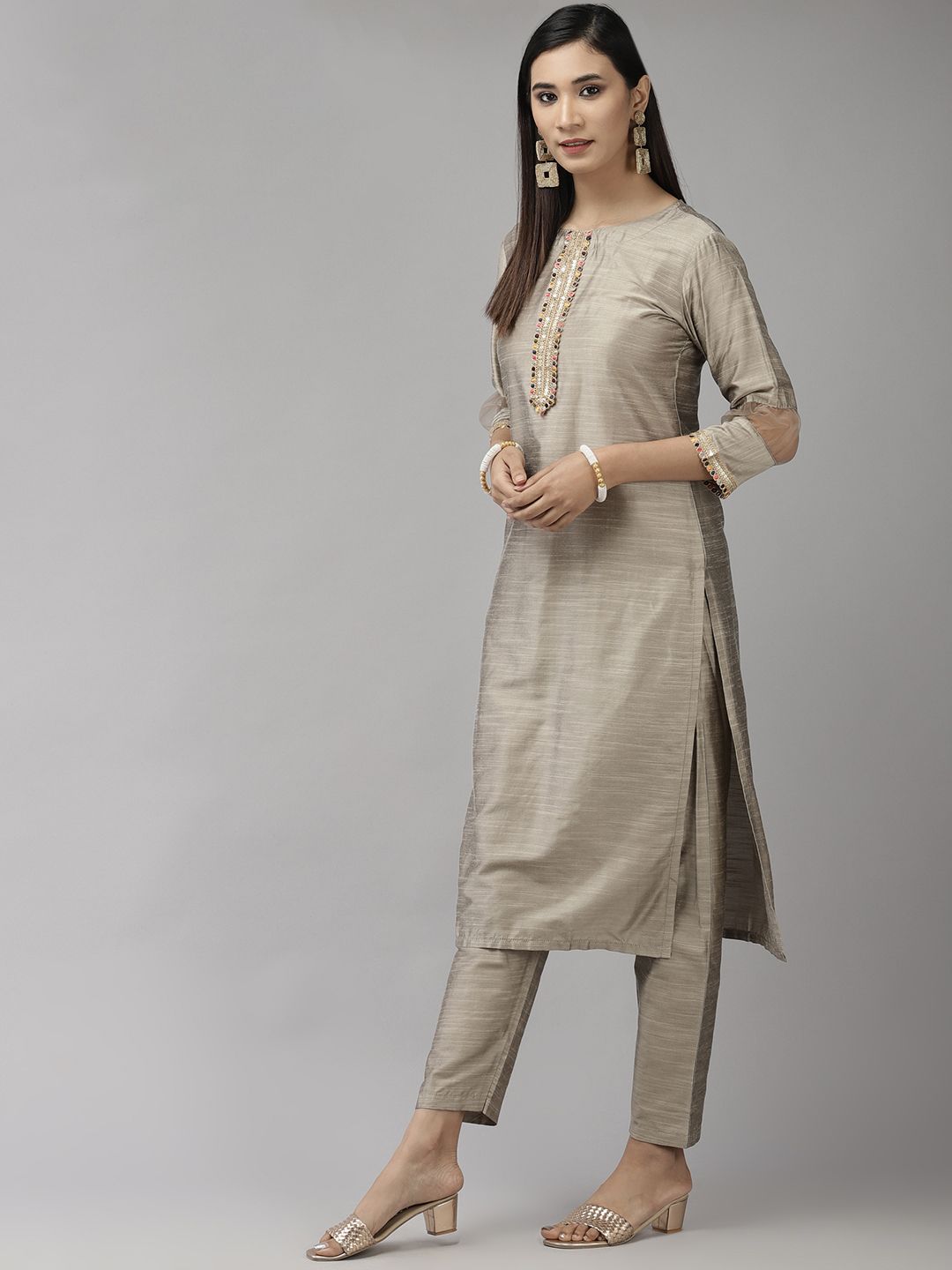 Indyancart IE Women Grey Gotta Patti Kurta with Trousers & With Dupatta
