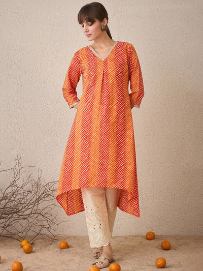 Indyancart IE Leheriya Printed Pleated V-Neck Sequins Pure Cotton A-Line Kurta