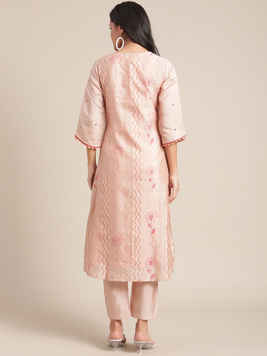 Indyancart VA Women's Peach-Coloured Printed Regular Kurta with Trousers