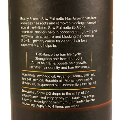 Beauty Secrets Saw Palmetto Hair Growth Serum bottle showing the product label and packaging for healthy hair.