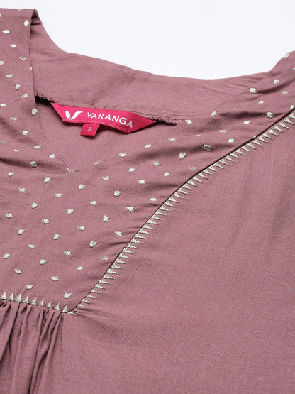Indyancart VA Women's Mauve Embroidered Kurta with Palazzos & With Dupatta