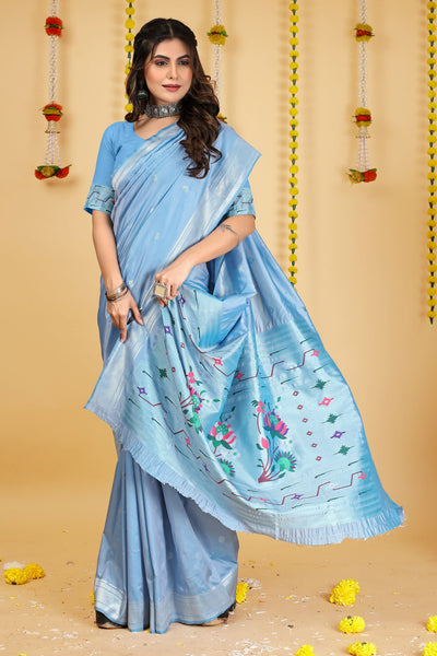 Indyancart GR Women's Mastani Sky Blue Zari Paithani Silk Saree