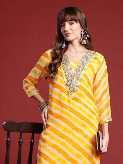 Indyancart IE Leheriya Printed Gotta Patti Georgette Kurta