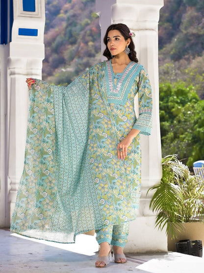 Indyancart VA Women'sFloral Printed Regular Mirror Work Pure Cotton Kurta With Trouser & Dupatta