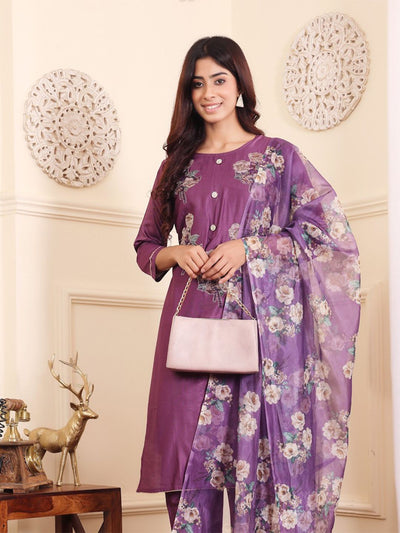 Indyancart VA Women's Floral Printed Regular Beads and Stones Kurta with Trouser & Dupatta