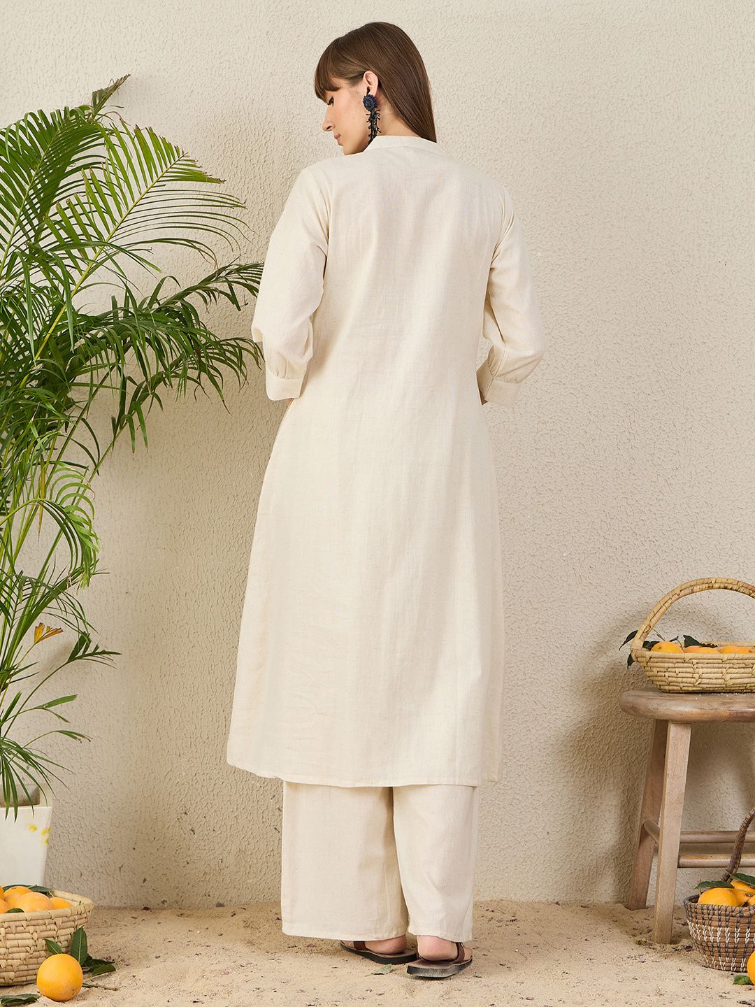 Floral Embroidered Mandarin Collar Thread Work Pure Cotton A-Line Kurta & Palazzo