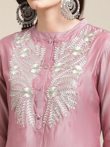 Indyancart VA Women's Mauve Floral & Peach Yoke Design Chanderi Silk Kurta Set