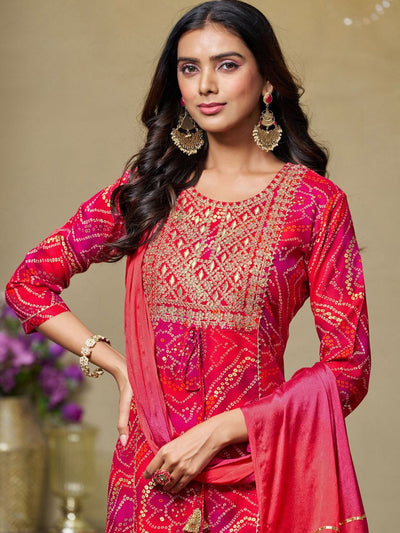 Indyancart SN Women's Bandhani Printed Sequinned Kurta with Palazzo & Dupatta