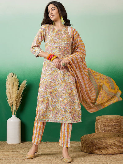 Indyancart SN Women's Mustard Yellow Printed Pure Cotton Straight Kurta With Trousers & Dupatta
