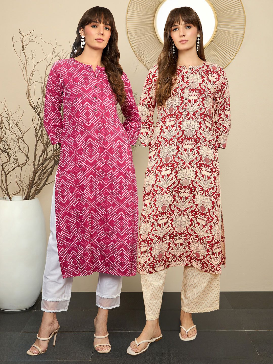 Indyancart IE Pack Of 2 Floral Printed Round Neck Straight Kurta