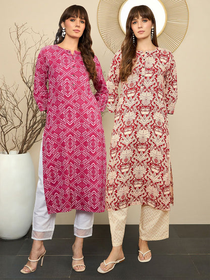 Indyancart IE Pack Of 2 Floral Printed Round Neck Straight Kurta