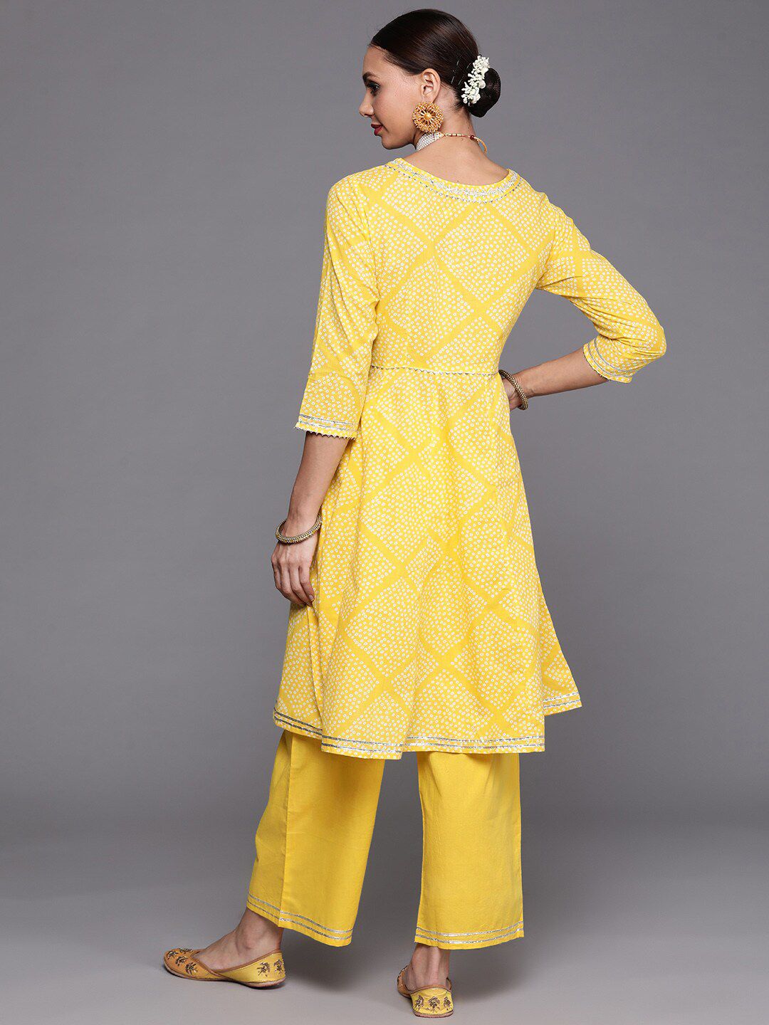 Indyancart IE Bandhani Printed Gotta Patti A-line Kurta with Palazzo Set