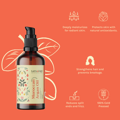 Tattvalogy Organic Moroccan Argan Oil - Vitamin-E Rich, Antioxidant, Tames Frizz for Smooth Hair