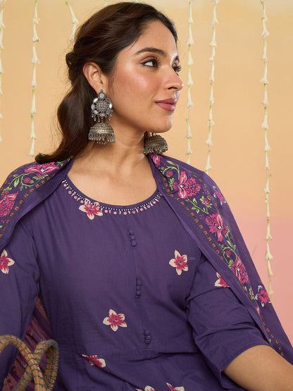 Floral Printed Round Neck Pure Cotton Anarkali With Trousers & Dupatta