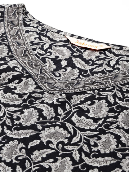 Indyancart Women's Plus Size Floral Printed Pure Cotton Kurta with Trousers & With Dupatta
