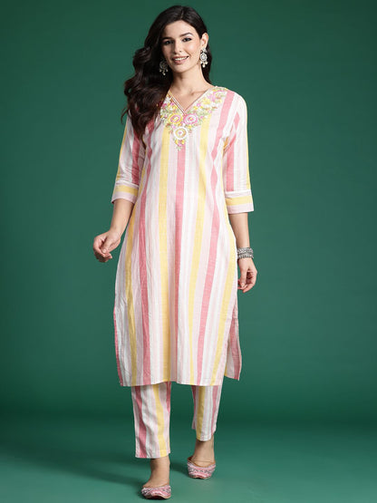 Striped Thread Work Pure Cotton Kurta with Trousers