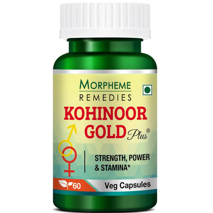Morpheme Remedies Kohinoor Gold Plus capsules in a blister pack, showcasing the golden-colored capsules on a white background.