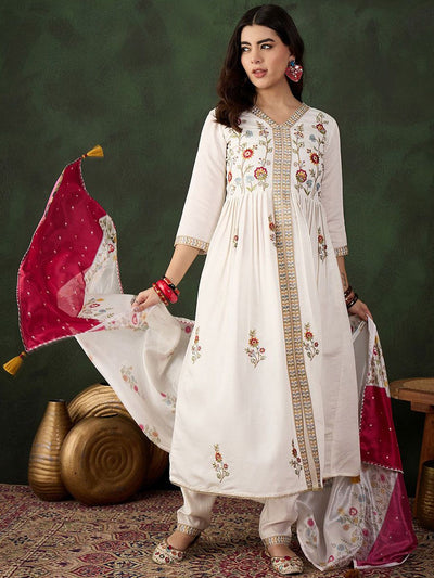 Indyancart SN Women's Off White Floral Embroidered Thread Work A-Line Kurta With Trouser & Dupatta