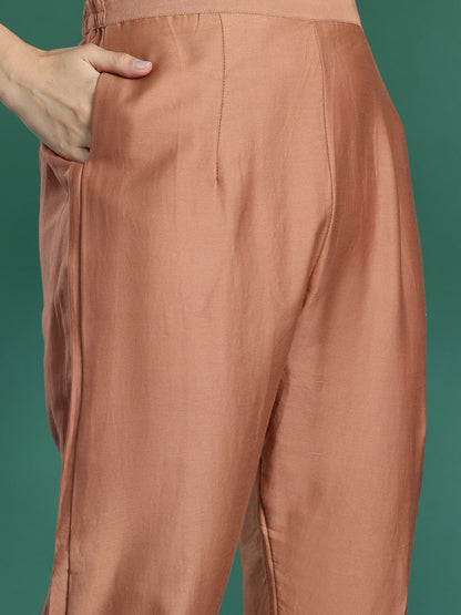 Indyancart IE Ethnic Motifs Printed Thread Work Chanderi Silk Kurta With Trousers & Dupatta