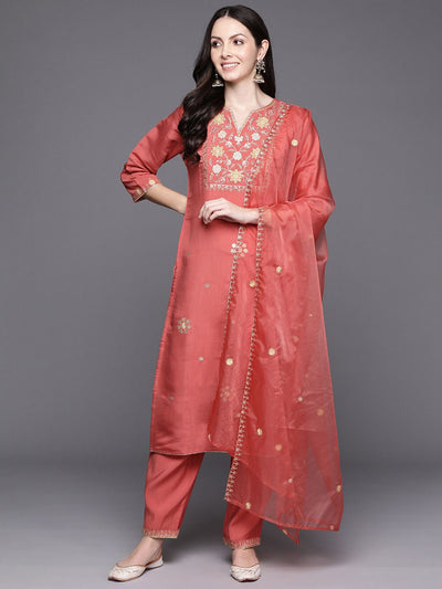 Dhiyona IE Women Floral Embroidered Regular Sequinned Kurta with Trousers & With Dupatta
