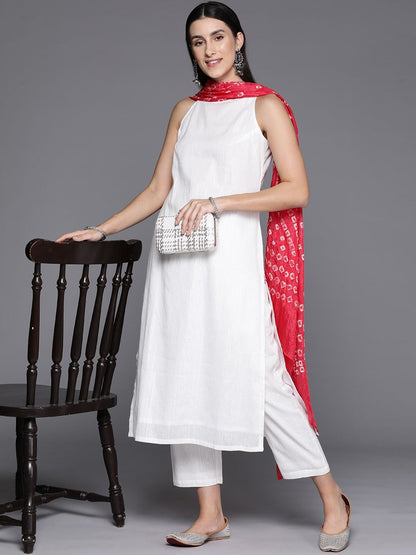 Indyancart VA Women'sBoat Neck Sleeveless Straight Pure Cotton Kurta Set With Dupatta