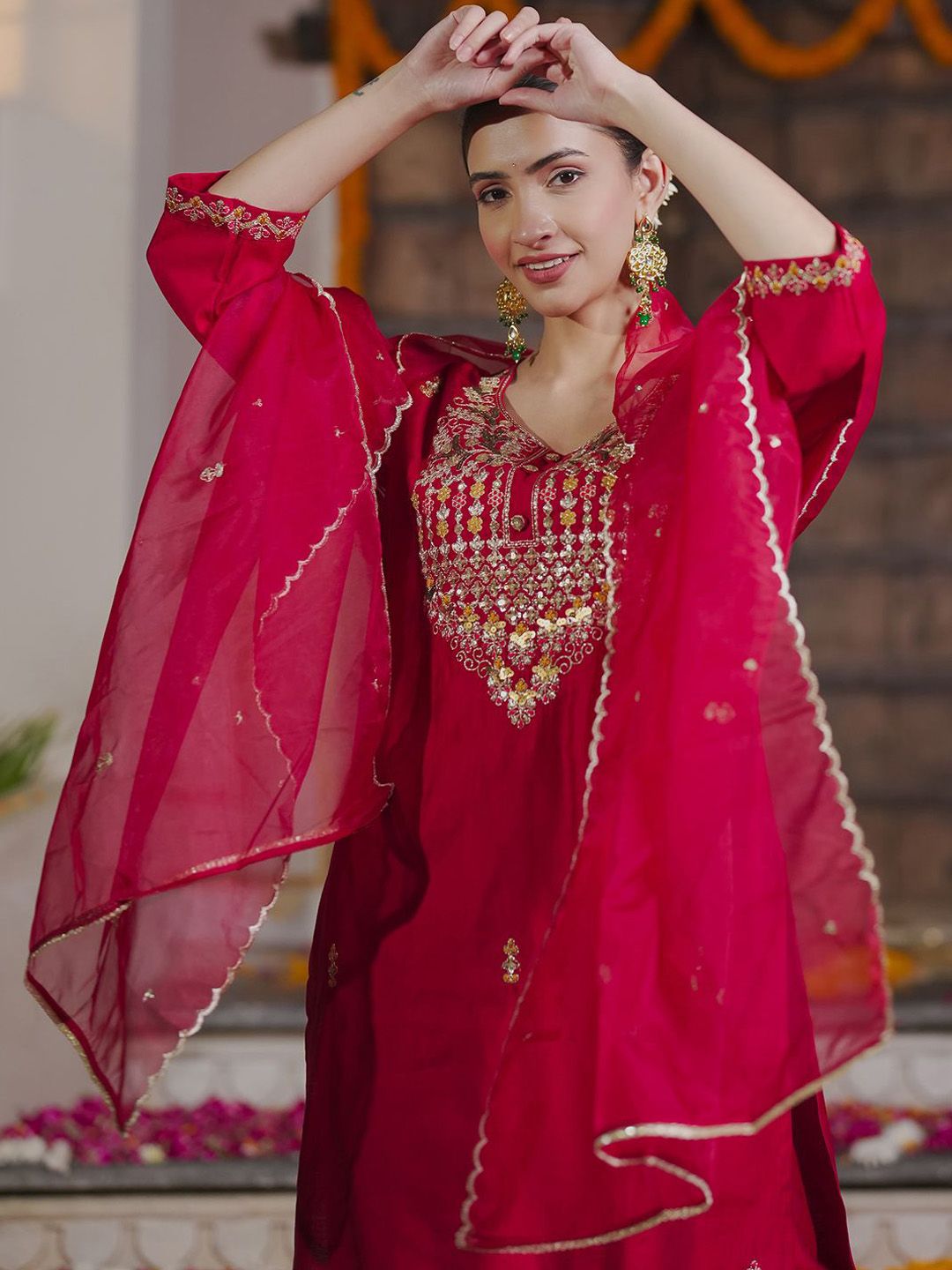 Embroidered Sequinned Straight Kurta With Trousers & Dupatta