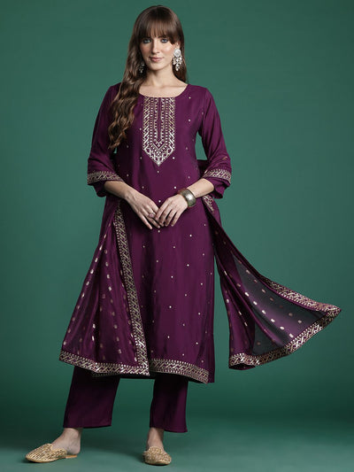 Indyancart IE Ethnic Motifs Embroidered Sequinned Kurta with Trousers & With Dupatta