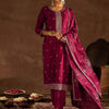 Dhiyona IE Maroon Ethnic Motifs Embroidered Thread Work Kurta with Trousers & Dupatta