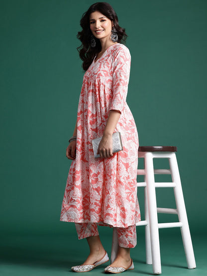 Indyancart IE Floral Printed Empire Kantha Work Pure Cotton Kurta with Trousers