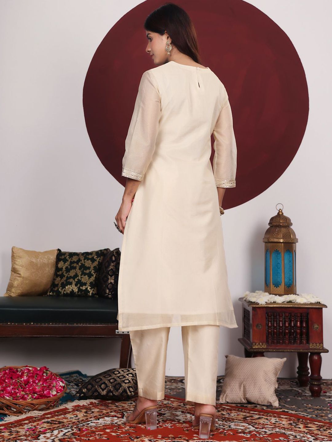 Indyancart VA Cream-Coloured Floral Embroidered Sequined Kurta With Palazzos & Dupatta