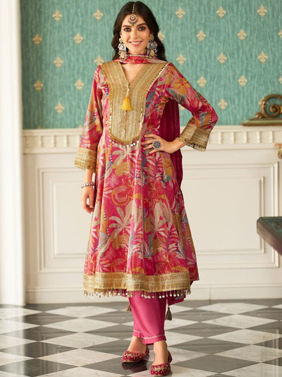 Indyancart IE Floral Printed V-Neck Zari Anarkali Kurta & Trousers With Dupatta