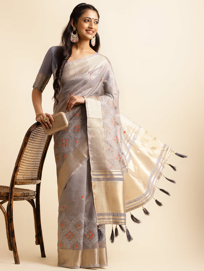 Indyancart GR Women's Savi Grey Cotton Khadi Silk Saree