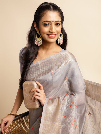 Indyancart GR Women's Savi Grey Cotton Khadi Silk Saree