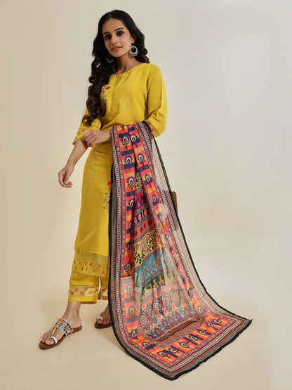 Indyancart VA Women'sYellow Floral Embroidered Sequinned Kurta With Trousers & Dupatta
